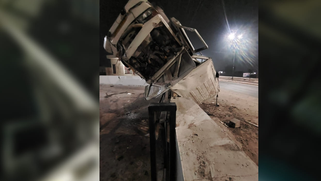 Bolero camper overturned eight times and collided with the gate At night In nagaur