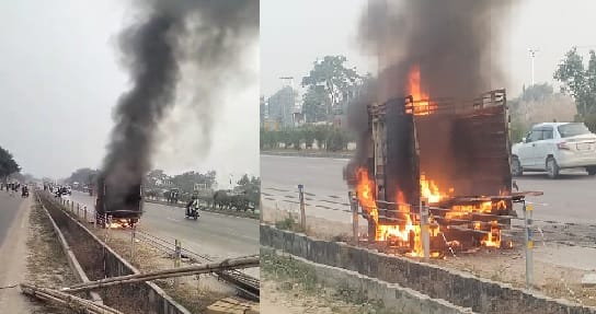 Fatehpur Fire A loader loaded with toys caught fire driver and owner saved goods vehicle burnt to ashes