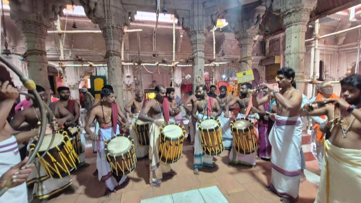 Presentation of Panch Vadya in the court of Maa Annapurna South Indian artists seen doing Sadhana