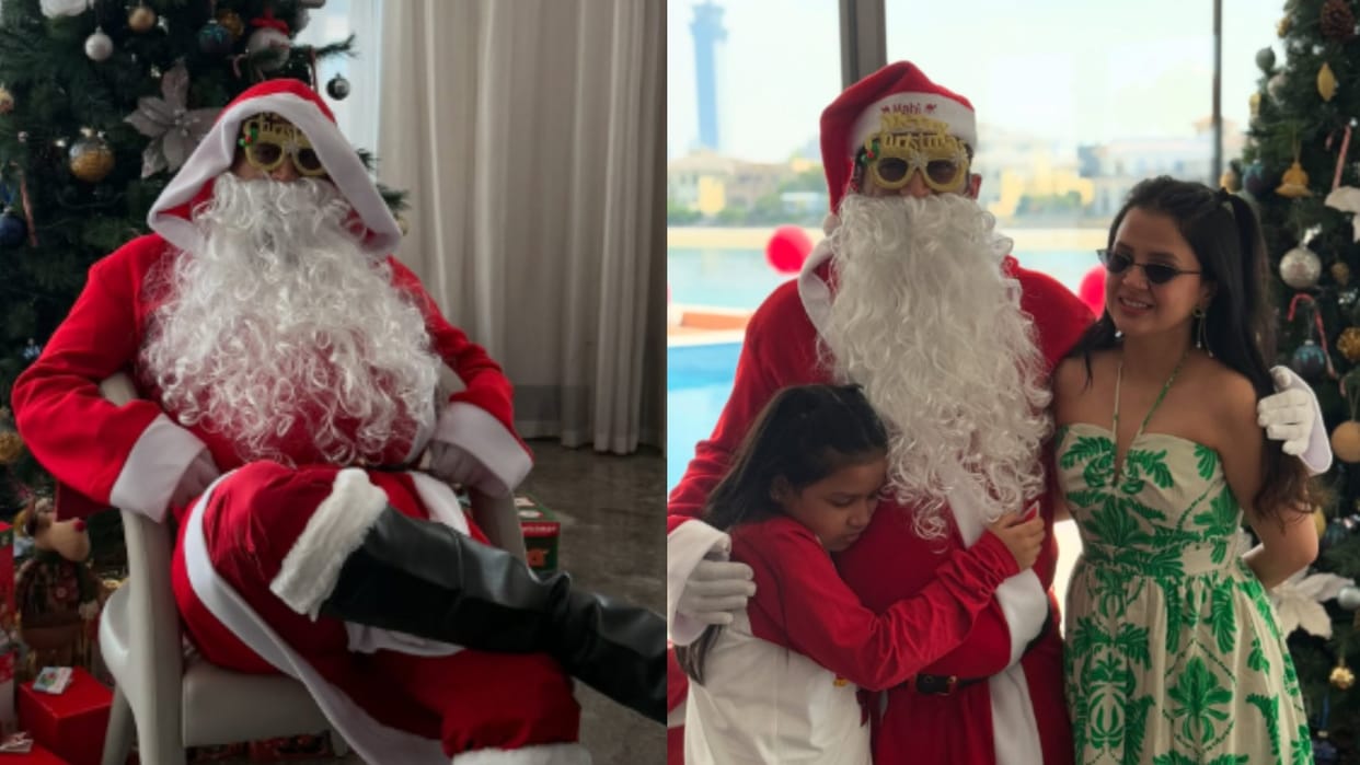 MS Dhoni appeared in a new look on Christmas became Santa Claus and gave gifts to his daughter and wife