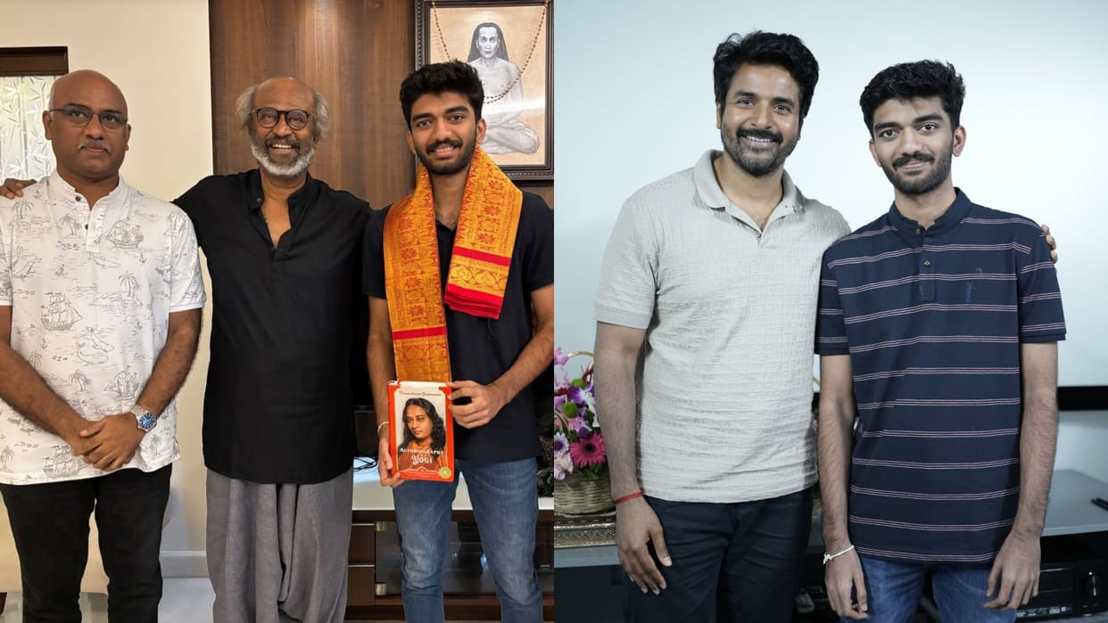 Coolie star Rajinikanth Amaran actor Sivakarthikeyan meet youngest world chess champion D Gukesh