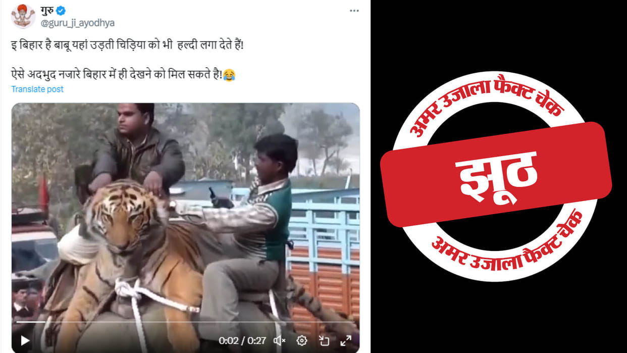 old video of a tiger sitting on an elephant shared with a false claim from Bihar