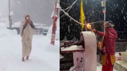 यमुनोत्री में बर्फबारी के बीच पुजारी ने किया शंखनाद