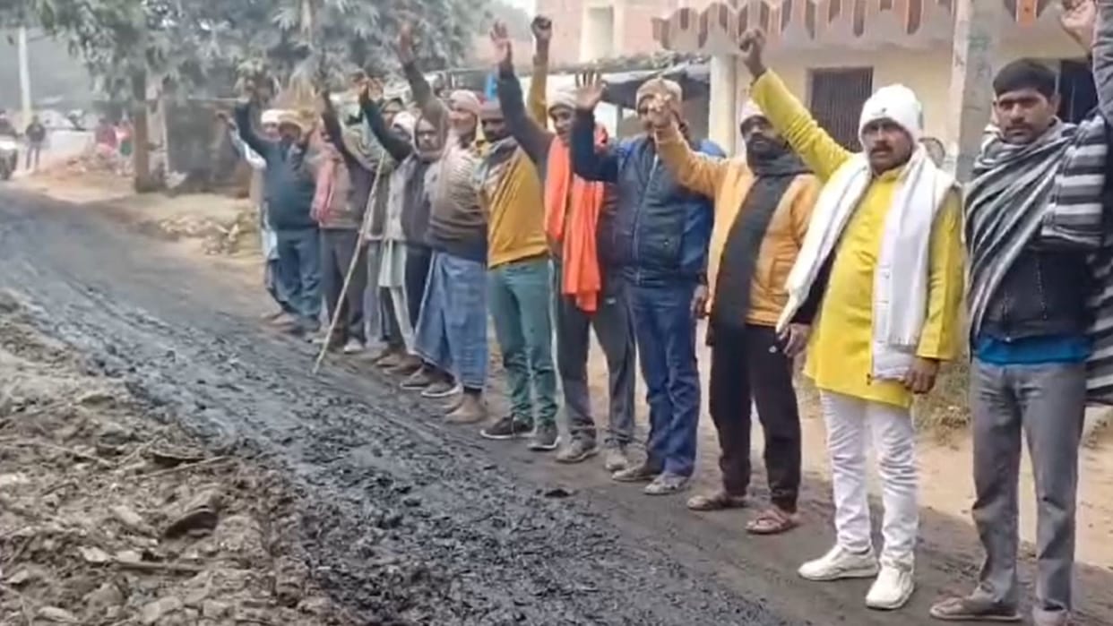 Dirty debris from the canal is being thrown on the road angry villagers protested