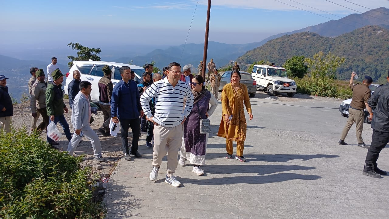 Uttarakhand CM Dhami Doing Trekking on Jharipani Mussoorie Road with wife and children see Photos