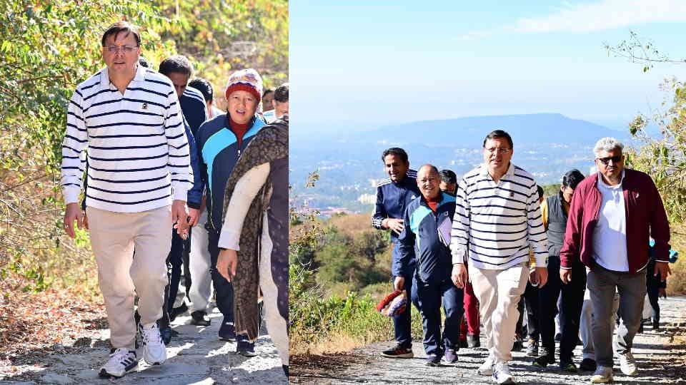 Uttarakhand CM Dhami Doing Trekking on Jharipani Mussoorie Road with wife and children see Photos