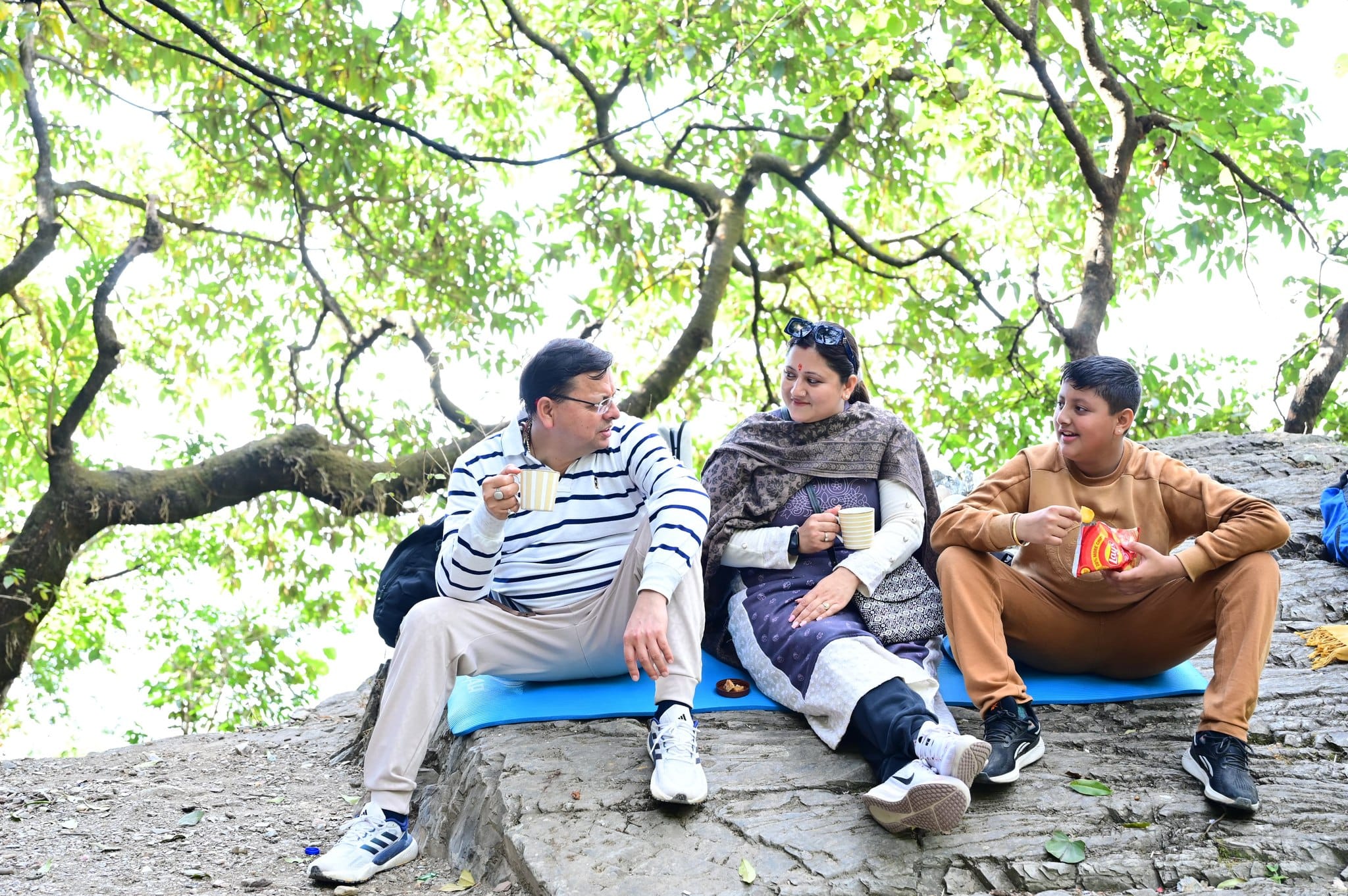 Uttarakhand CM Dhami Doing Trekking on Jharipani Mussoorie Road with wife and children see Photos