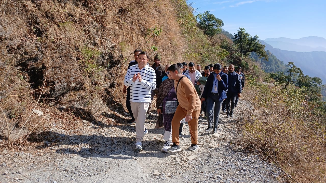 Uttarakhand CM Dhami Doing Trekking on Jharipani Mussoorie Road with wife and children see Photos