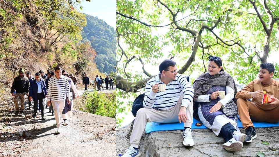 Uttarakhand CM Dhami Doing Trekking on Jharipani Mussoorie Road with wife and children see Photos