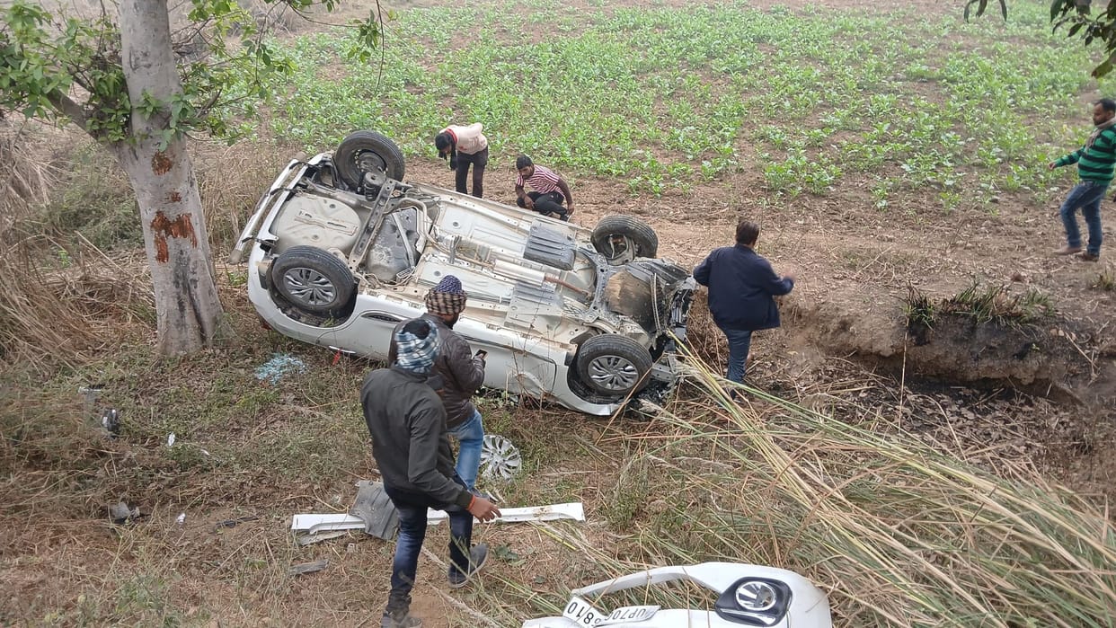 Car fell into an eight feet deep pit hit a bike two injured chaos ensued