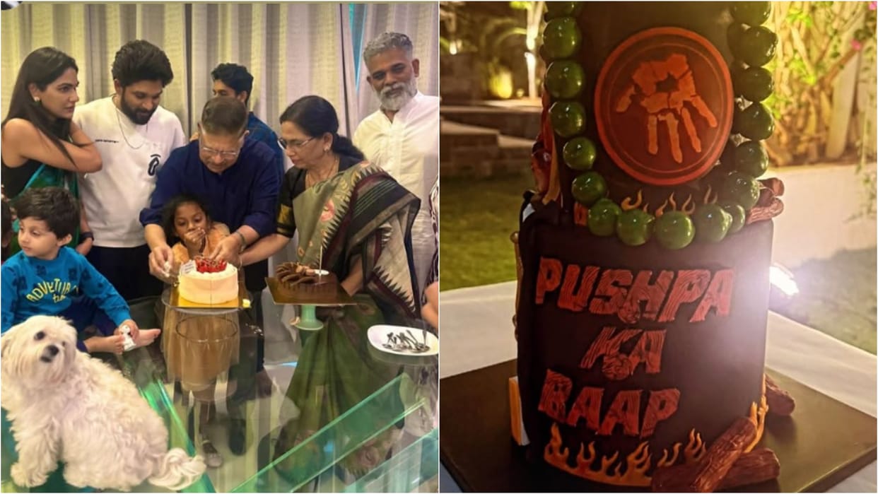 Allu Arjun shares glimpse of his father producer Allu Aravind Birthday celebrations with Pushpa themed cake