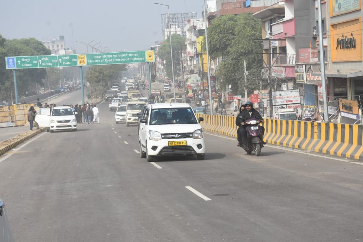Traffic starts on one lane of Khurramnagar fkyover in Lucknow.