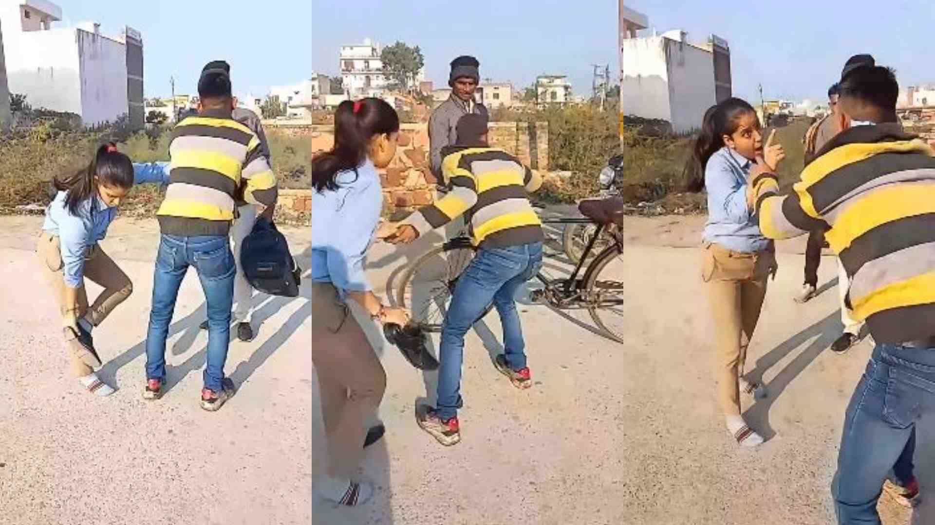 युवक की पिटाई करती युवती।