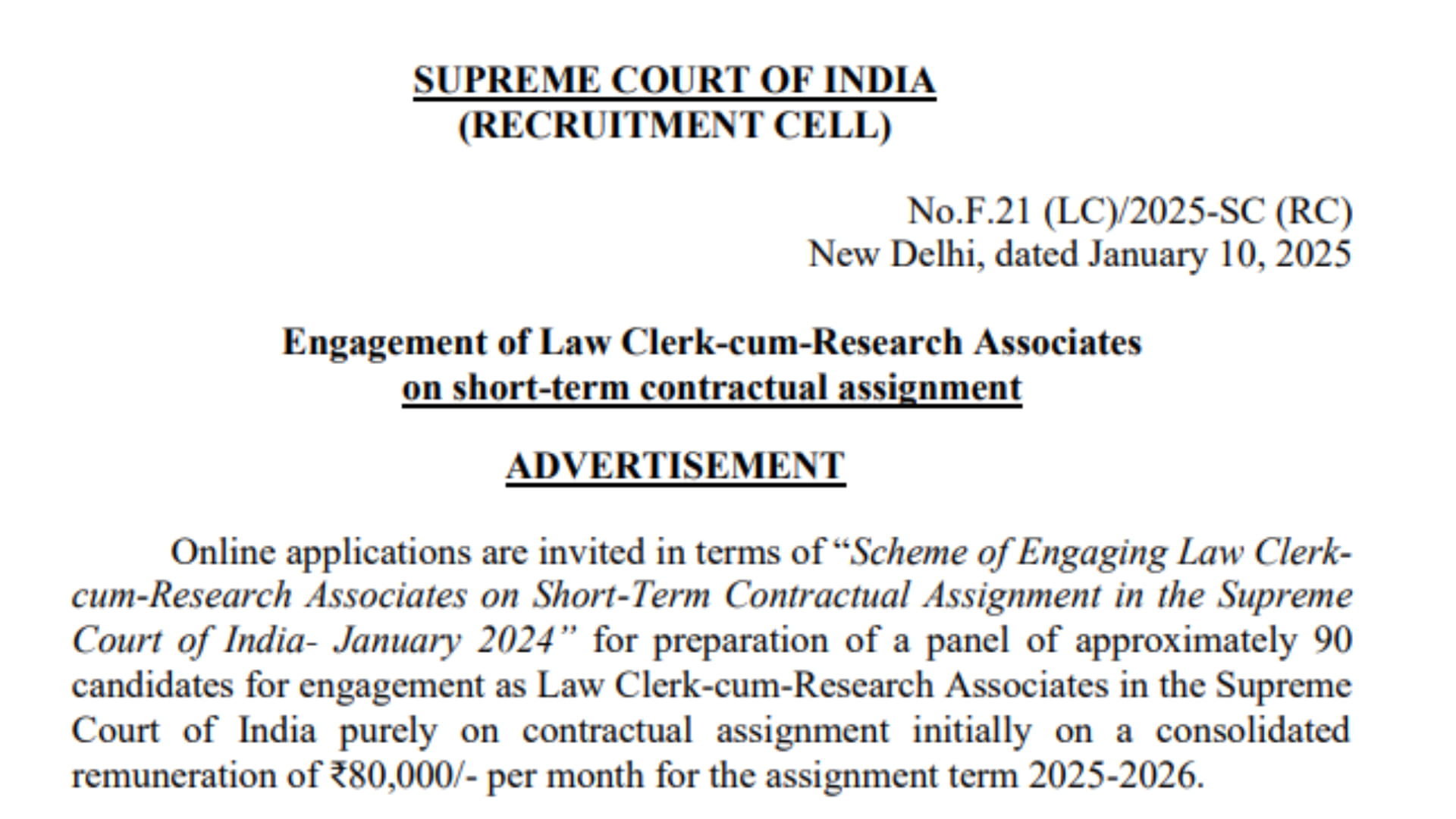 Supreme Court Recruitment 2025 for 90 posts of Law Clerk Cum RA; Registration Begin on Jan 14, Check Eligibili