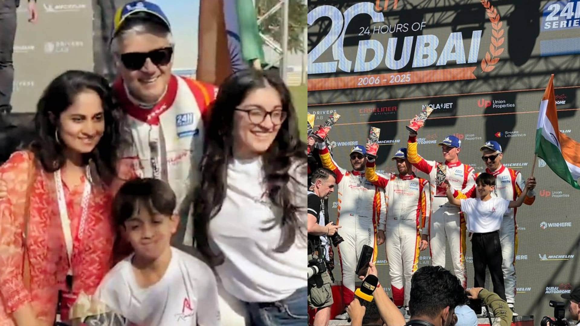 Ajith Kumar wins at Dubai 24H 2025 race video viral of wife Shalini R Madhavan Adhik Ravichandran congratulate