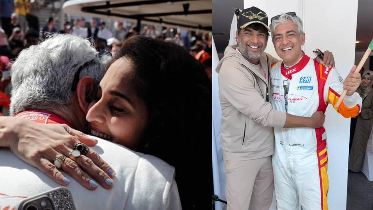 Ajith Kumar wins at Dubai 24H 2025 race video viral of wife Shalini R Madhavan Adhik Ravichandran congratulate