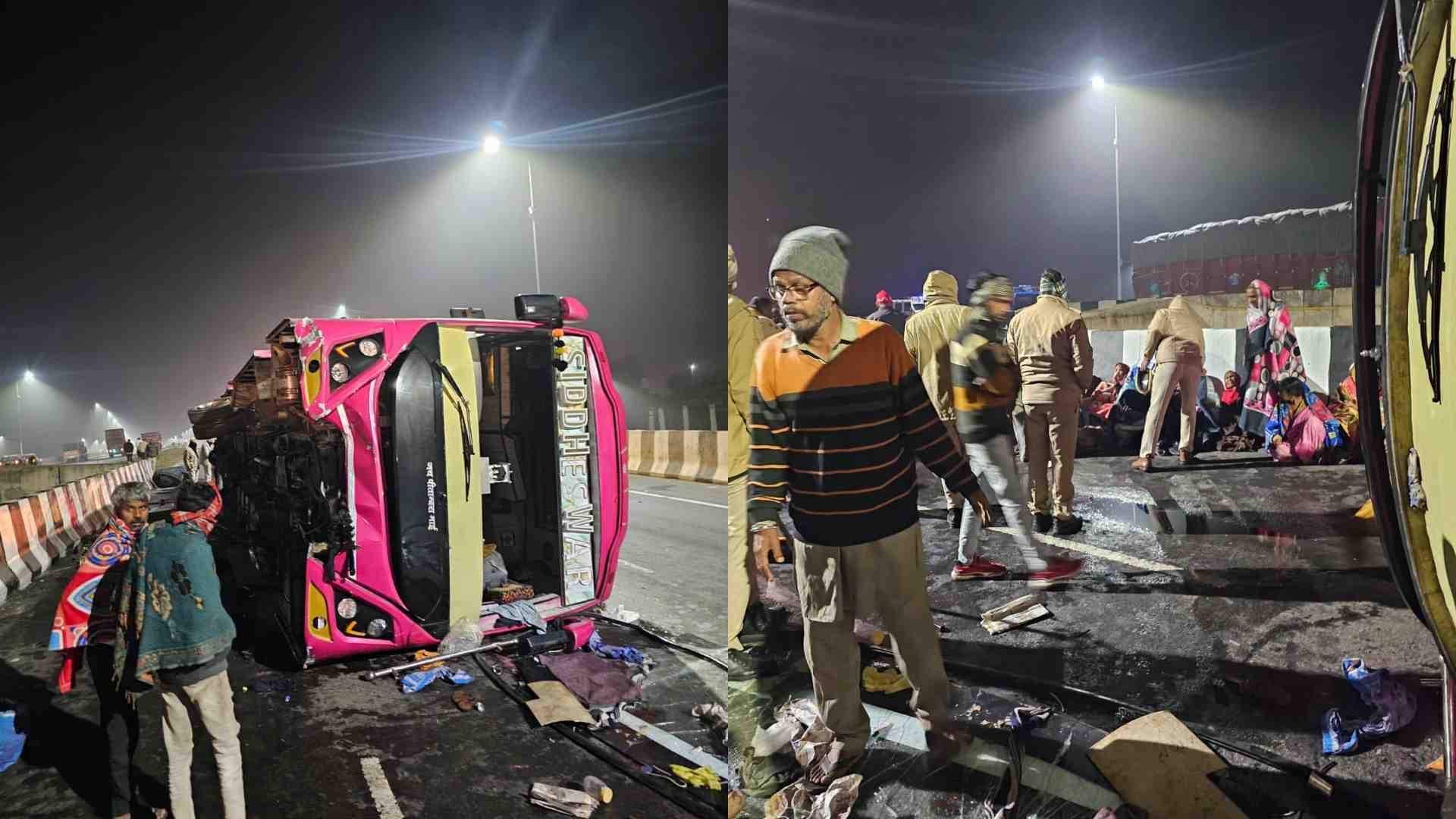 डिवाइडर से टकराकर पलटी बस।
