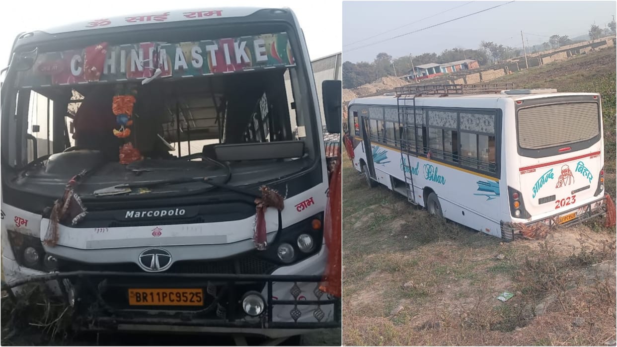 Saharsa News: bus full of passengers fell into ditch while trying to save bike rider driver passengers injured