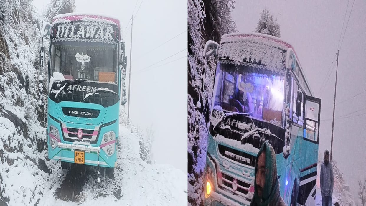 bus going from Dehra to Chamba suddenly skidded on the snow, the driver saved the lives of the passengers like