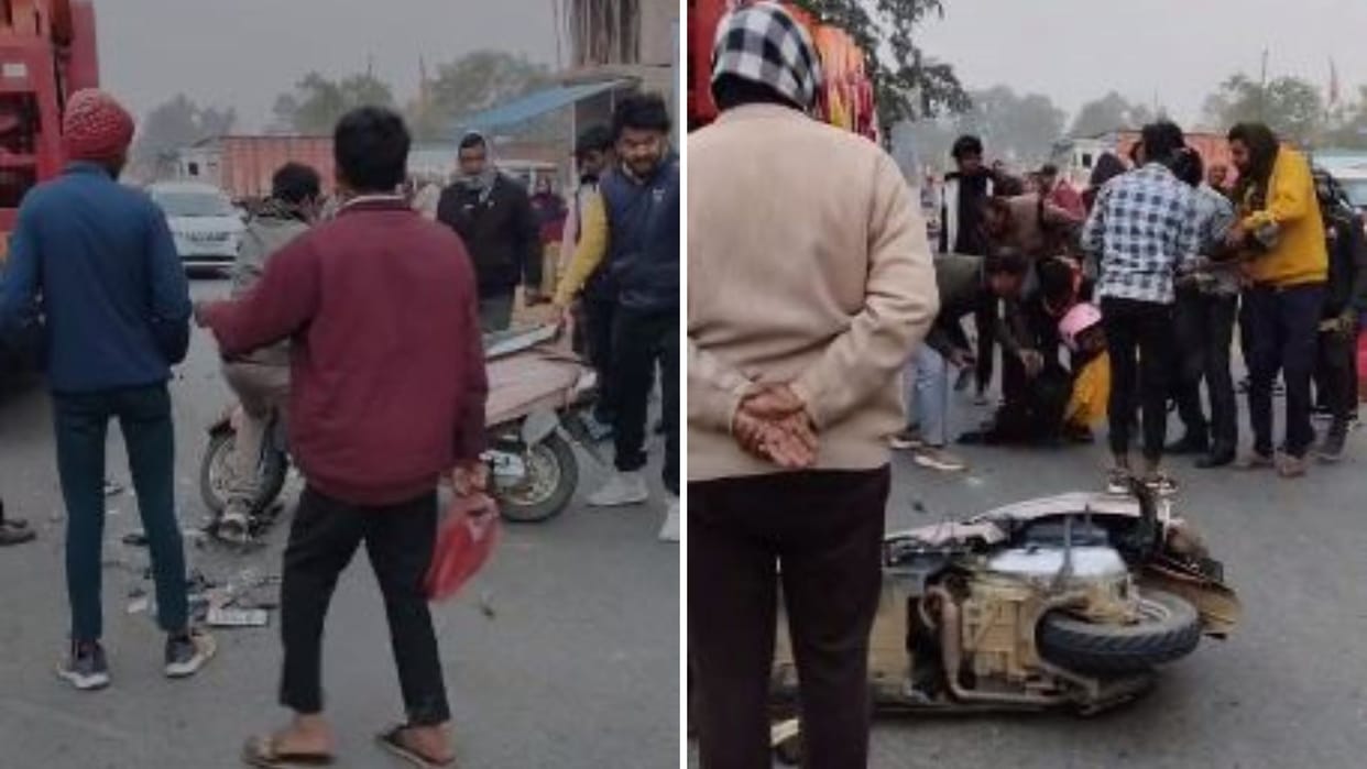 Road accident in sonbhadra young man stuck wheel trailer dragged topped breathing stopped