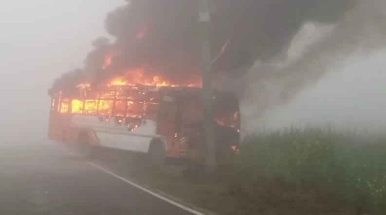A huge fire broke out in the bus accident happened due to short circuit driver and conductor saved their lives
