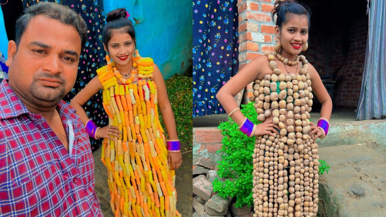 village girl became famous on YouTube by making a dress of vegetables in shahjahanpur