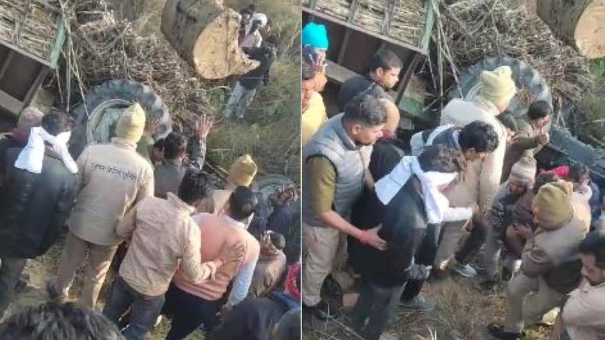 Tractor with sugarcane filled trolley overturned in ditch farmer died