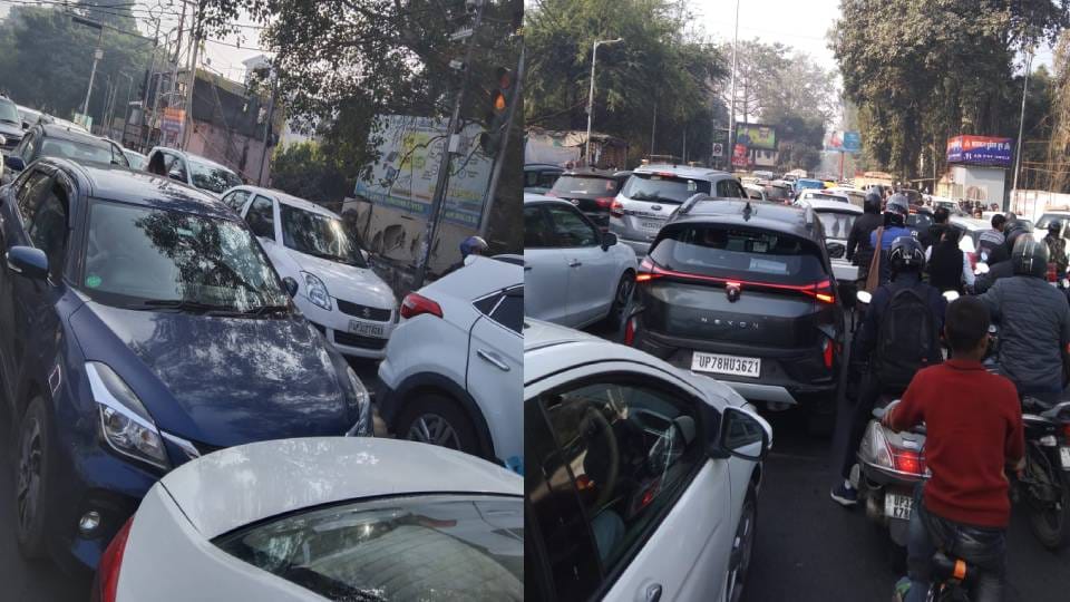 Long traffic jams occurred at many main crossings in Lucknow school children office workers remained stranded