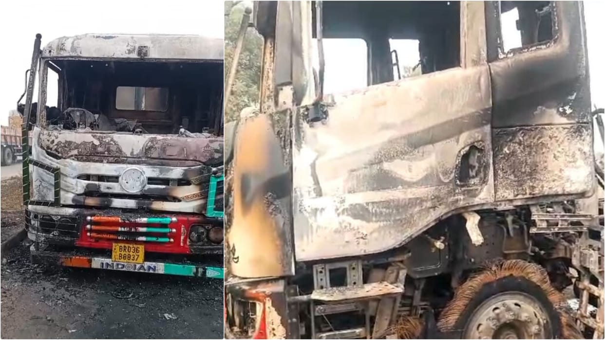 Bhojpur News: truck stuck in long traffic jam caught fire; driver helper burnt alive, only skeletons remained