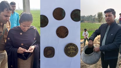 संभल में सिक्कों को देखती एसडीएम वंदना मिश्रा