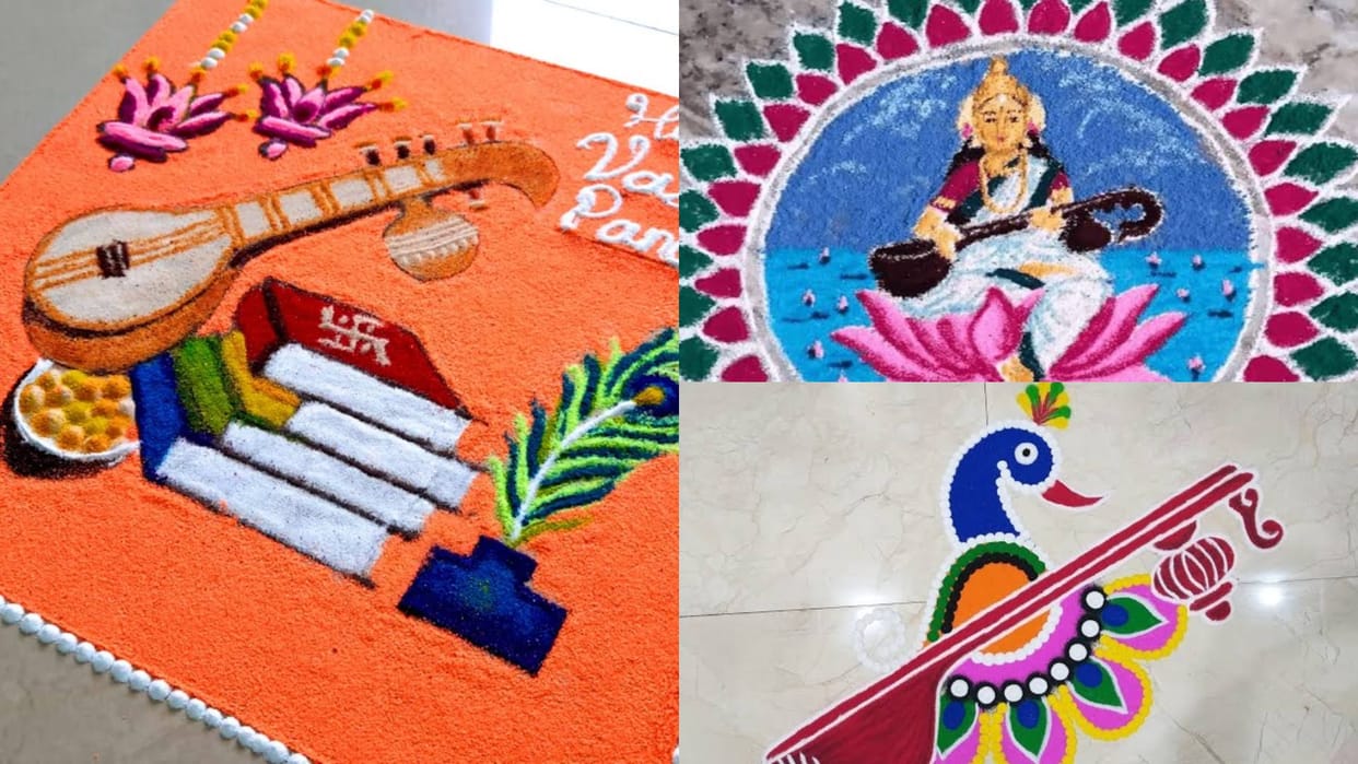 Basant Panchami 2025 see the Unique Designs Rangoli for home and Offices for Saraswati Puja Disprj