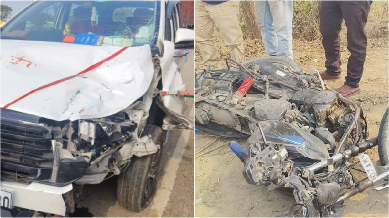Bihar BJP MLA Arun Shankar Prasad's Car Collides with Bike Three Injured News in Hindi
