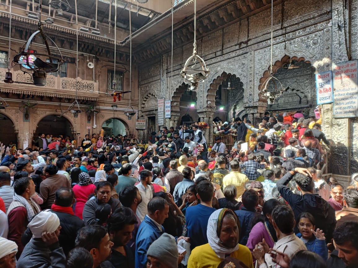 Crowds of devotees gathered to visit Thakur Bankebihari temple in Vrindavan