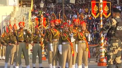 Beating Retreat Ceremony at Attari-Wagah Border in Amritsar Punjab on occasion of 76th