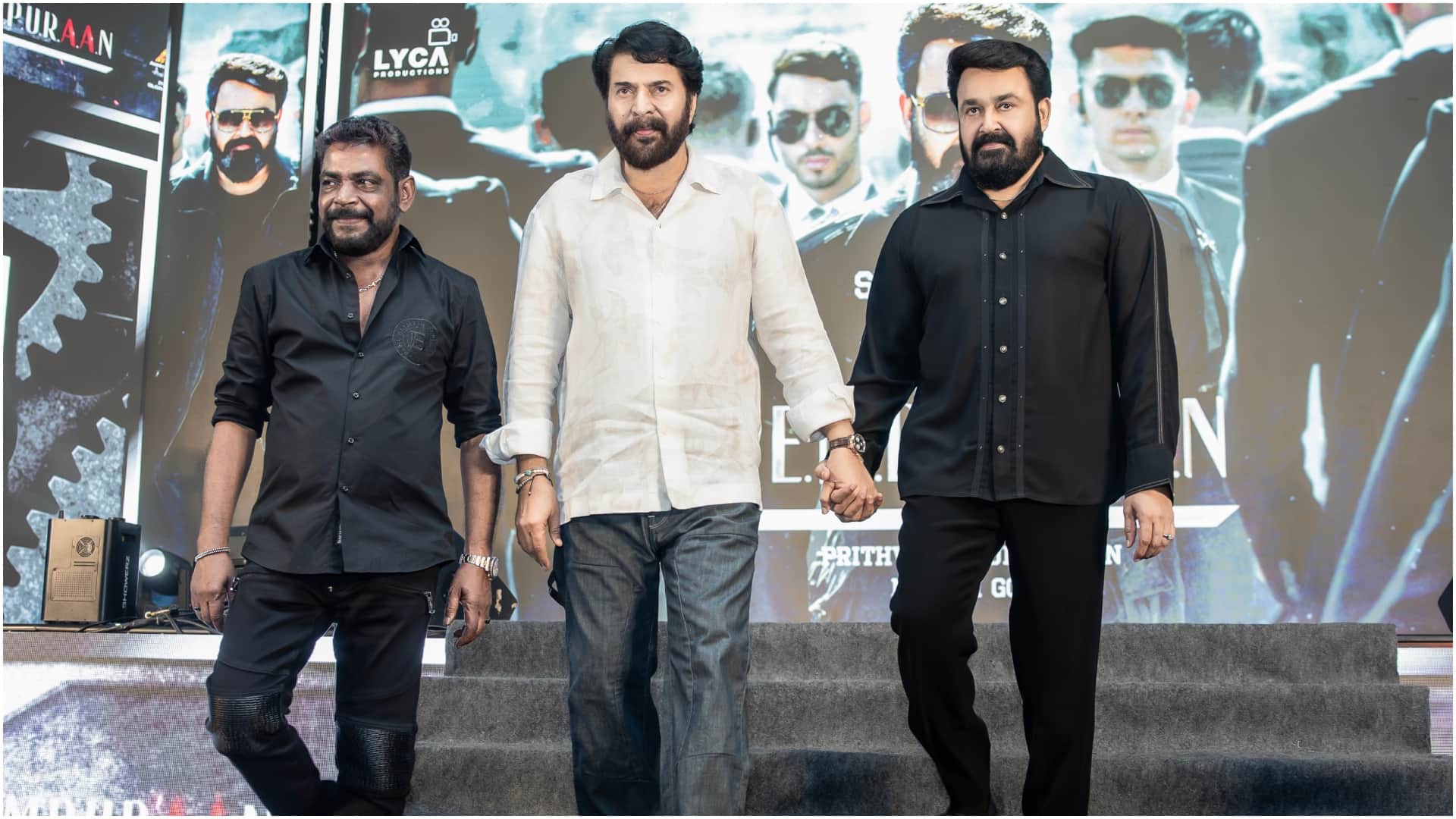 L2 empuraaan teaser launch event mohanlal and Prithivraj Sukumaran with producer Antony of Aashirvad Cinema