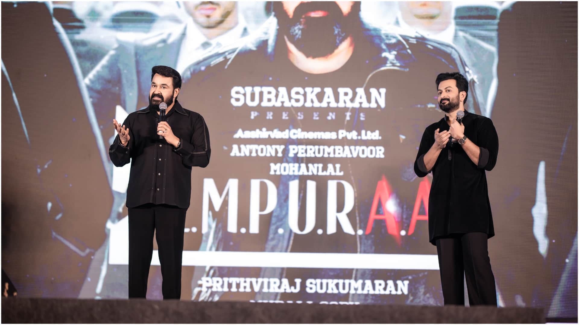 L2 empuraaan teaser launch event mohanlal and Prithivraj Sukumaran with producer Antony of Aashirvad Cinema