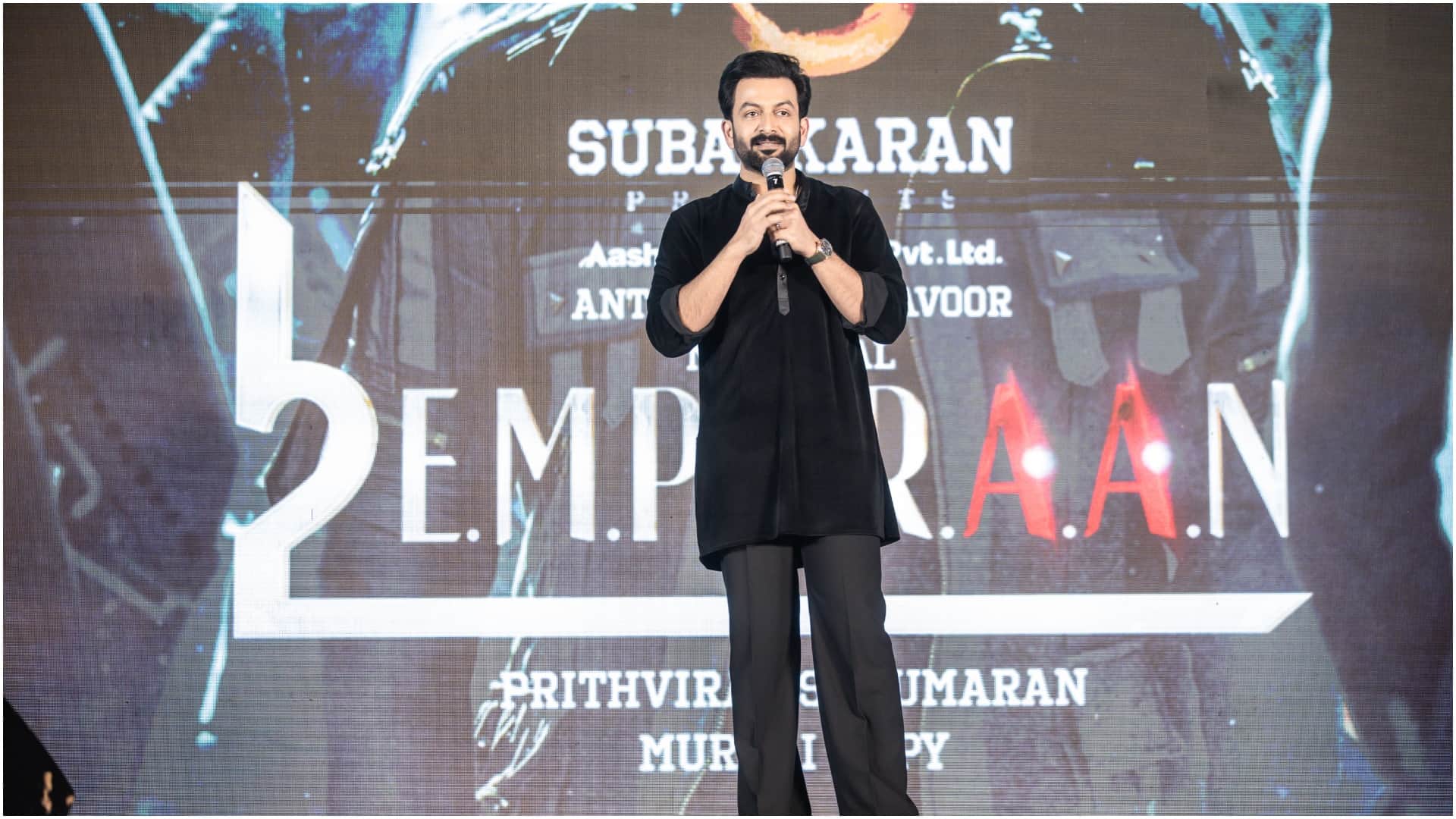 L2 empuraaan teaser launch event mohanlal and Prithivraj Sukumaran with producer Antony of Aashirvad Cinema