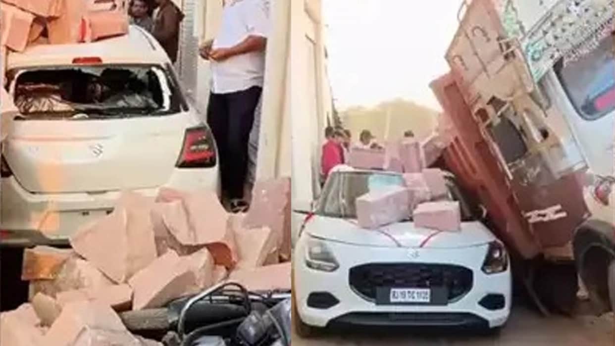 Maruti Suzuki Swift enduring accident involving overturned truck loaded with bricks in viral video