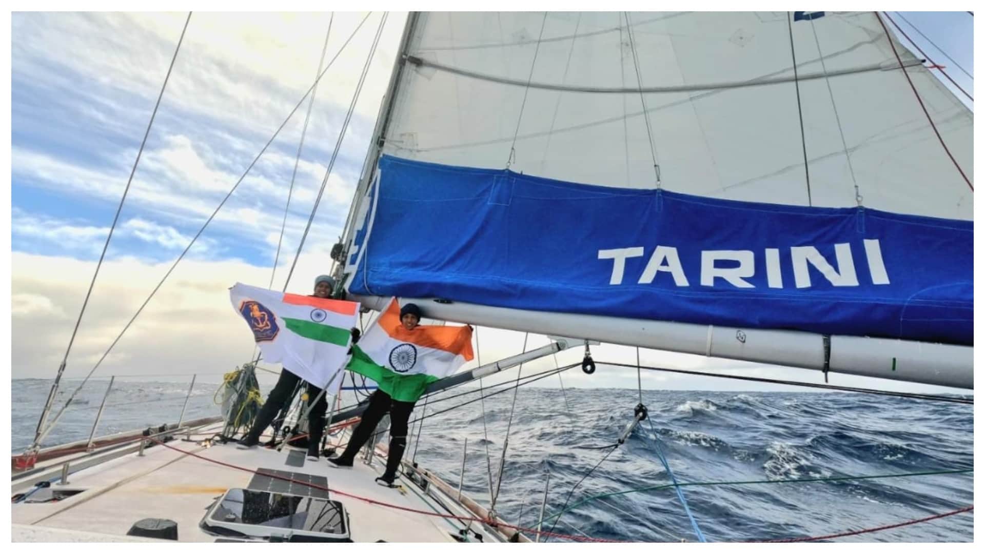 Indian Navy INSV Tarini Point Nemo Indian flag and Indian Navy voyage Lt Cdr Dilna K and Lt Cdr Roopa story