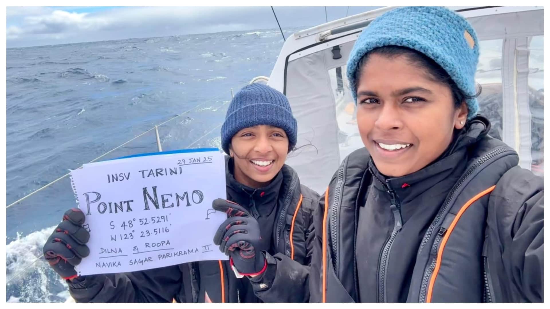 Indian Navy INSV Tarini Point Nemo Indian flag and Indian Navy voyage Lt Cdr Dilna K and Lt Cdr Roopa story