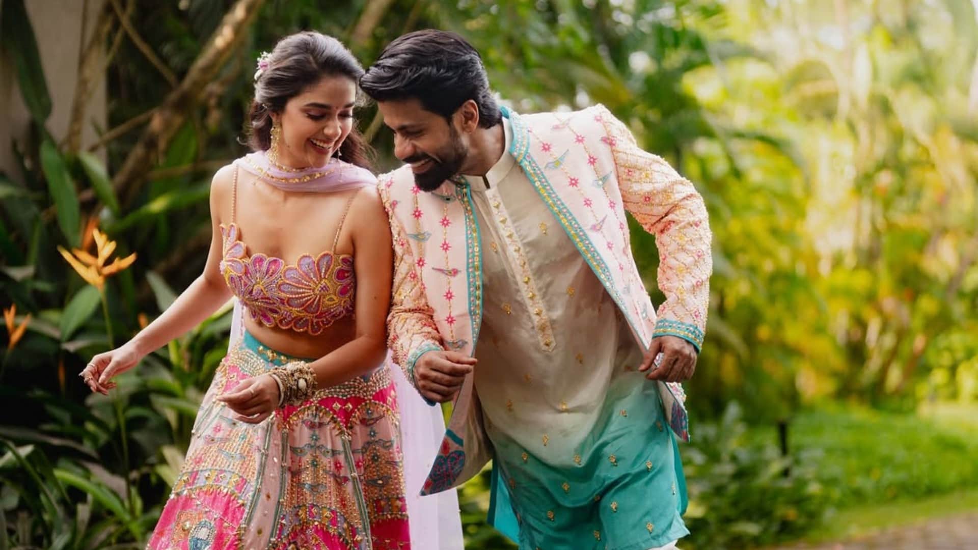 Keerthy Suresh sangeet photos and Mehndi danced lot with her husband Antony Thattil look in vibrant Colors