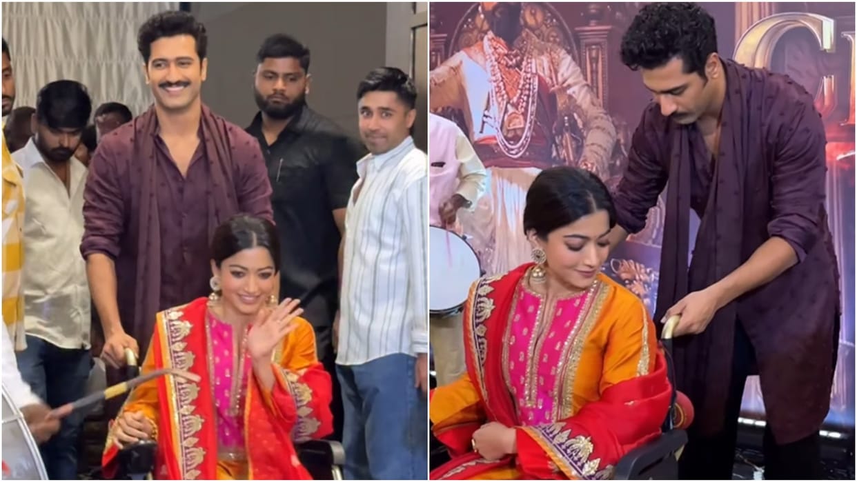 Vicky kaushal supports Rashmika Mandana in a wheelchair at the Chhaava Movie promotions as she was injured