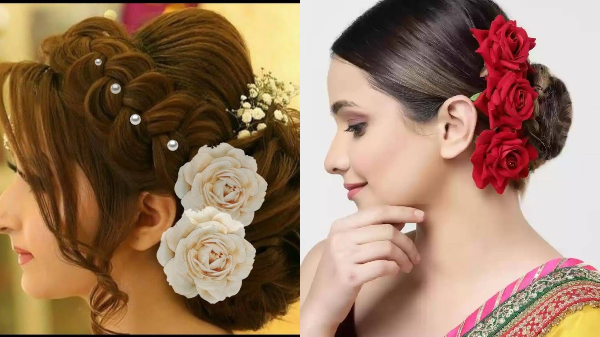 Valentines Day Special Rose day Unique Hairstyles Half Bun With Pearls and Curls partition disprj
