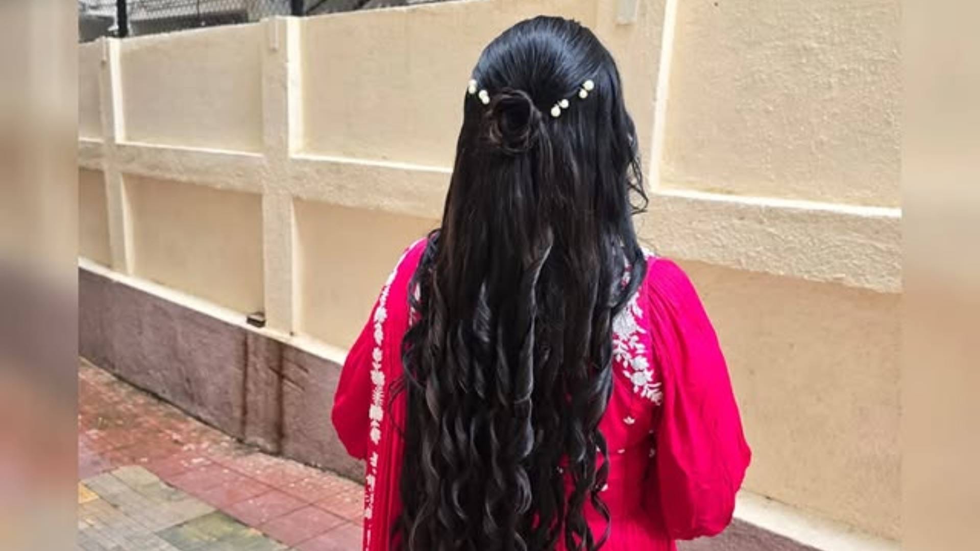 Valentines Day Special Rose day Unique Hairstyles Half Bun With Pearls and Curls partition disprj
