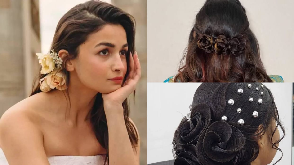 Valentines Day Special Rose day Unique Hairstyles Half Bun With Pearls and Curls partition disprj