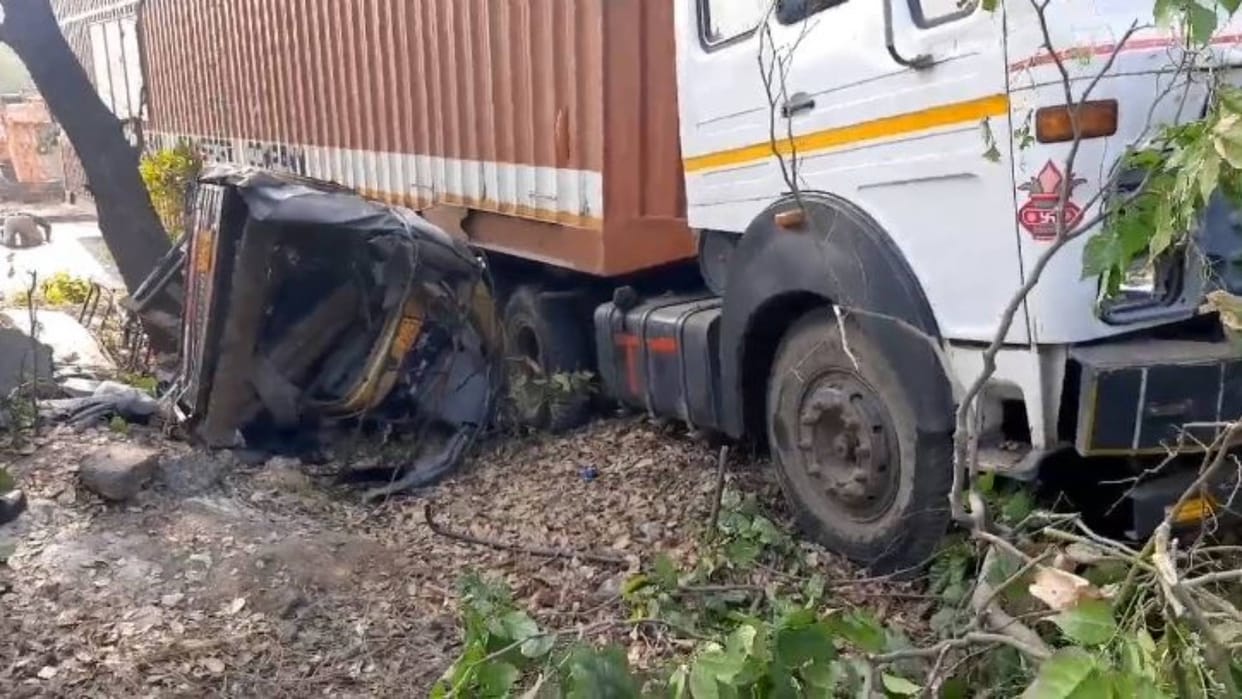 Morena Road Accident Uncontrolled truck collides with divider and hits taxi one dead seven people injured