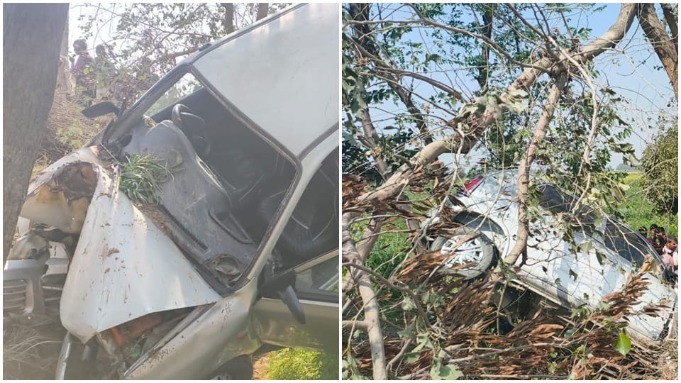 Uncontrolled car got stuck between two trees, three people injured in the accident