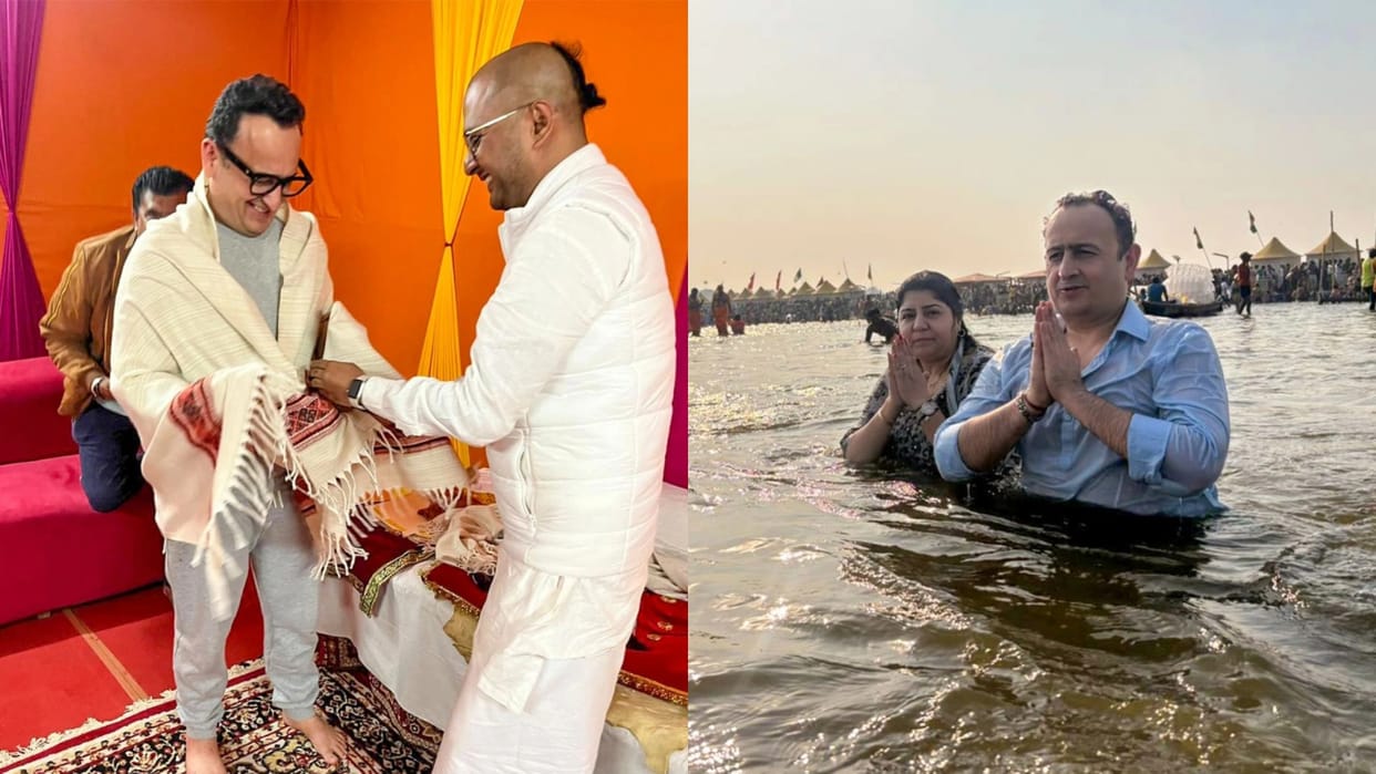 Vinod bhanushali takes holy dip in sangam mahakumbh with his family and friends