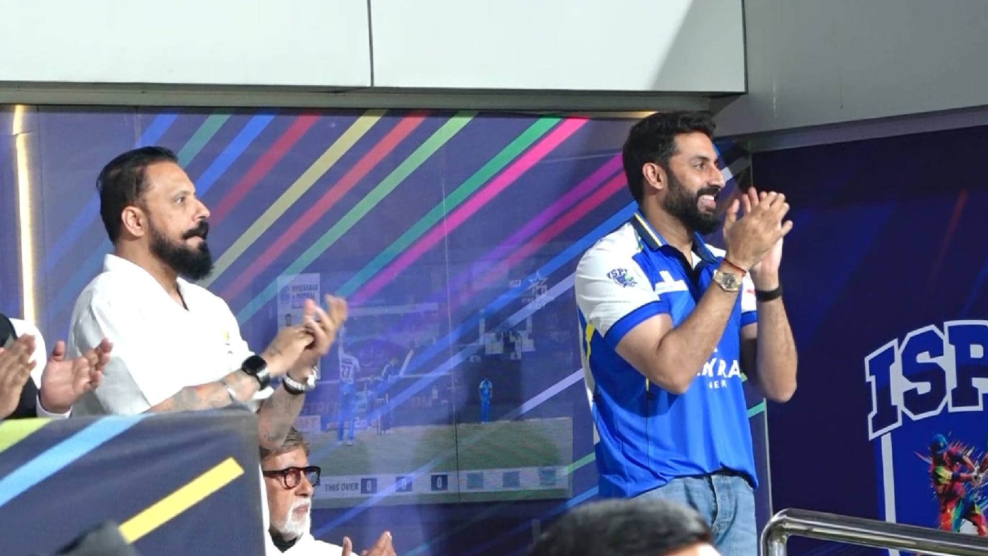 Abhishek Bachchan celebrates 49th birthday with amitabh bachchan by cutting cake son father enjoy ISPL match
