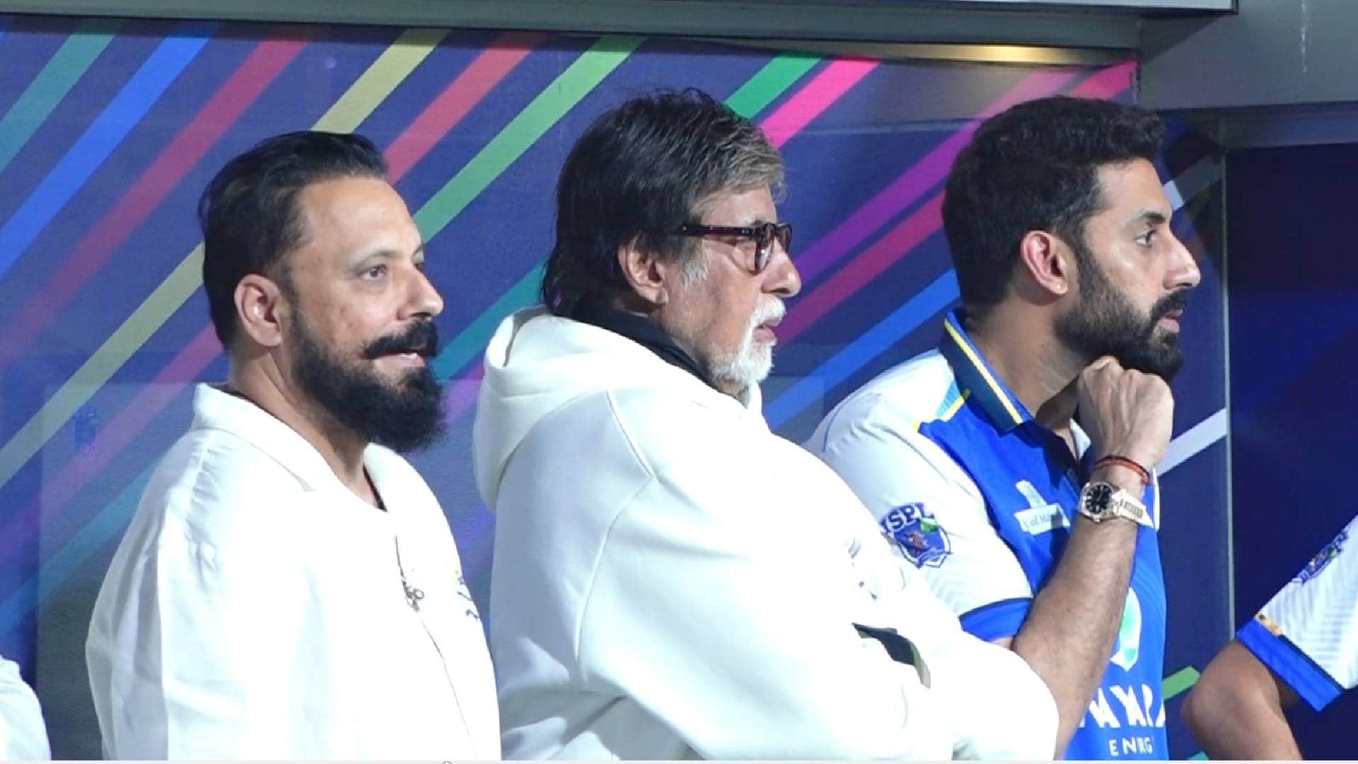Abhishek Bachchan celebrates 49th birthday with amitabh bachchan by cutting cake son father enjoy ISPL match